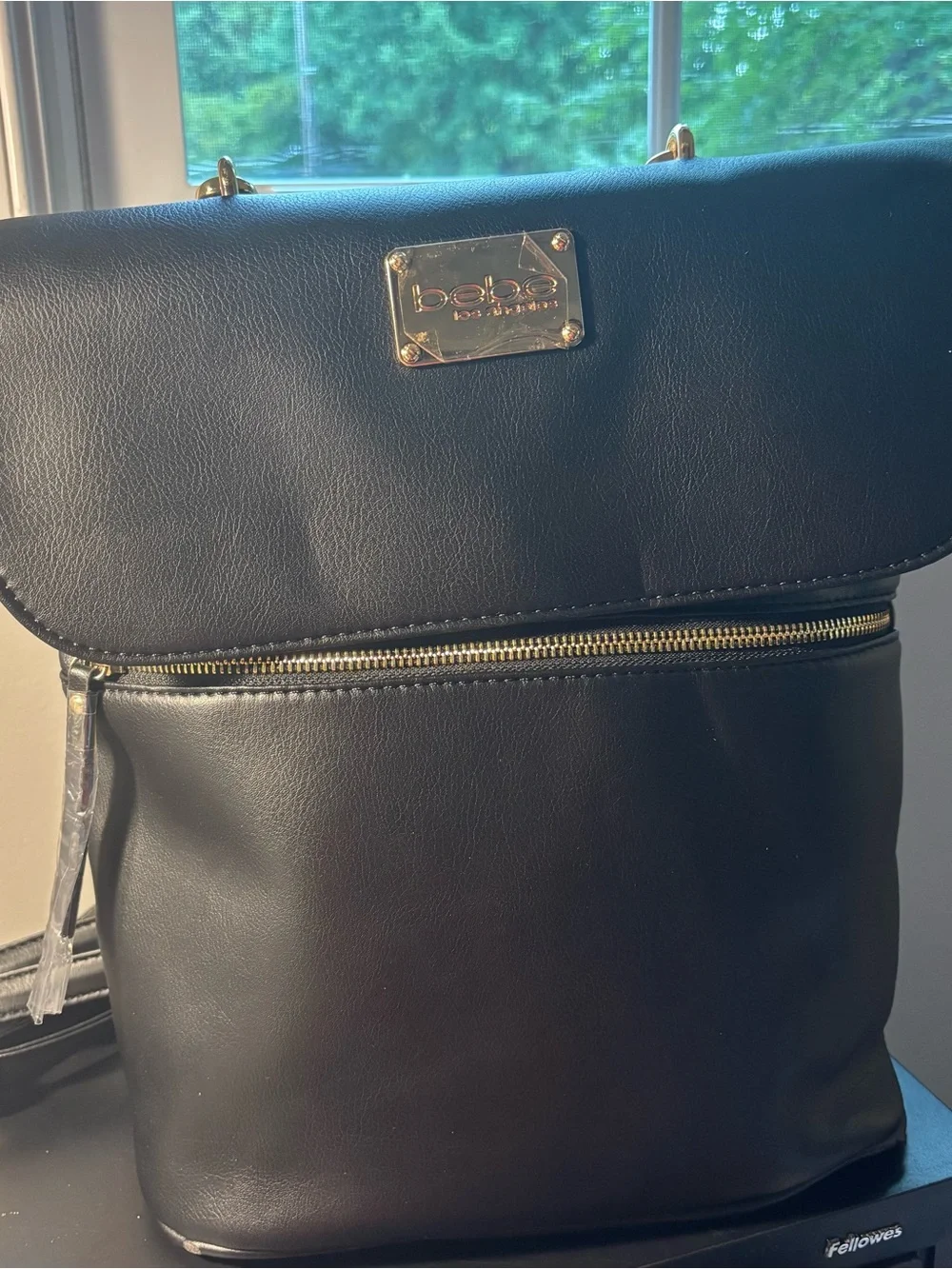 bebe Black Faux Leather Backpack with Gold Handle & Plaque